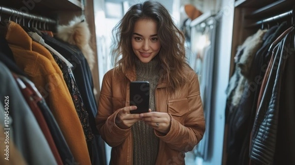 Fototapeta Woman Browsing Wardrobe on Smartphone