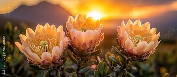 Fototapeta Golden Hour Protea Flowers at Sunset