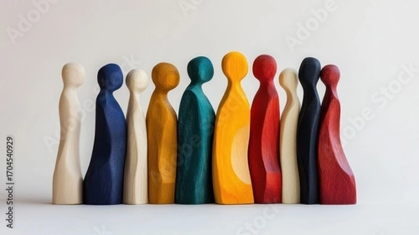 Fototapeta Diverse Wooden Figures Standing Together in Unity