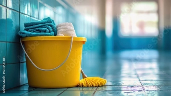 Fototapeta Yellow Bucket with Cleaning Supplies in Hallway