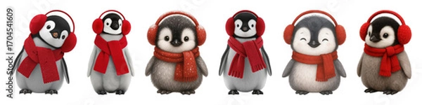 Fototapeta Cute penguin set including six distinct characters in various poses and expressions, all wearing red winter accessories, isolated. Christmas and winter holiday collection.