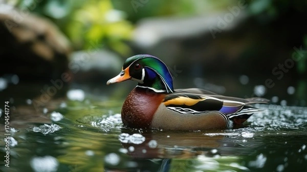 Fototapeta Vibrant Wood Duck Swimming in Rippling Water