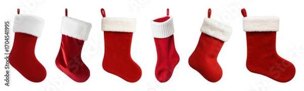 Fototapeta Red Christmas stocking set including various fabric textures and orientations isolated. Holiday season decor and festive traditions.