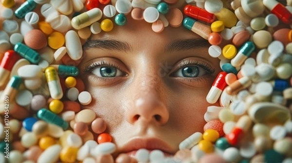 Fototapeta Woman's Face Surrounded by Colorful Pills and Capsules