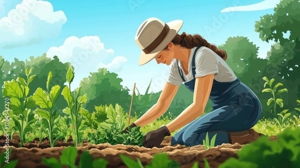 Fototapeta Woman Farmer Tending to Lush Green Garden Plants