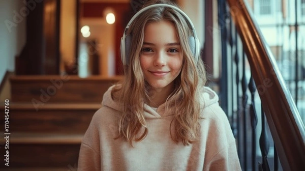 Fototapeta Young Girl Wearing Headphones Enjoying Music Indoors