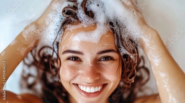 Fototapeta Happy Woman Washing Hair with Shampoo and Bubbles