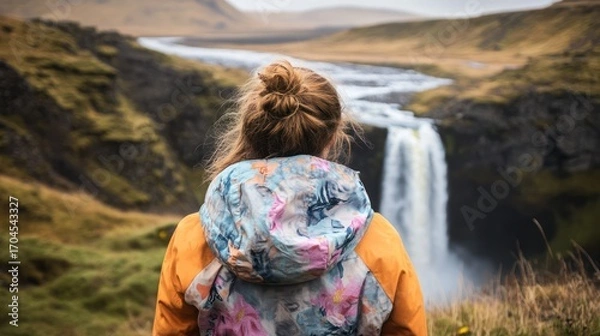Fototapeta Woman Admiring Majestic Waterfall in Icelandic Landscape