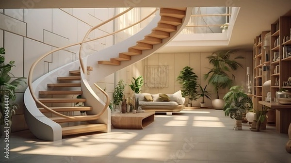 Fototapeta Modern interior design with a spiral staircase, lush greenery, and minimalist furniture showing