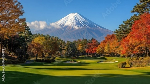 Fototapeta Autumnal golf course with Fuji