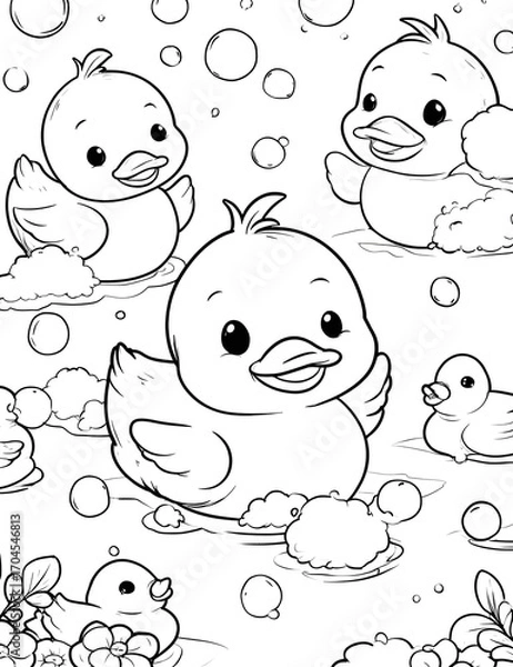 Fototapeta Baby duck having fun in the bathtub with bubble coloring page