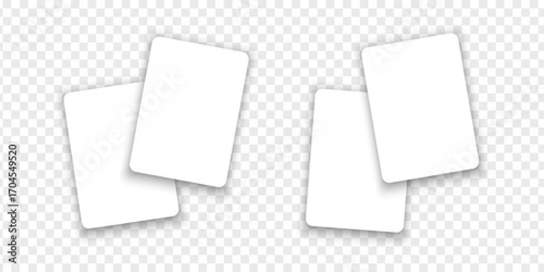 Fototapeta Two empty white playing cards isolated on transparent background. Playcard blackjack mockups in top view. Poker game concept. Voucher, giftcard or discount templates. Vector realistic illustration.