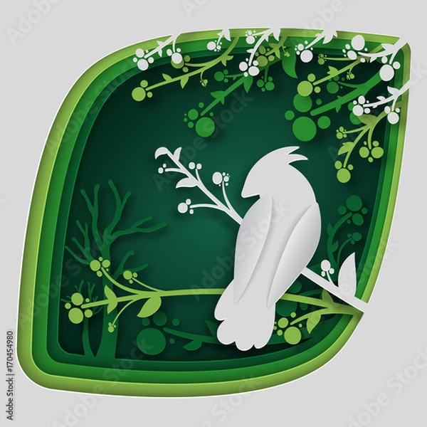 Fototapeta Paper art carve to bird on tree branch in forest at night, origami concept nature and animals idea, vector art and illustration.