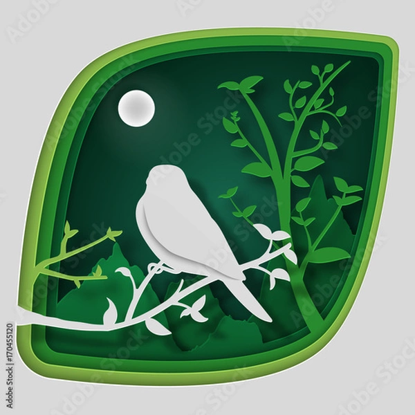 Fototapeta Paper art carve to bird on tree branch in forest at night, origami concept nature and animals idea, vector art and illustration.