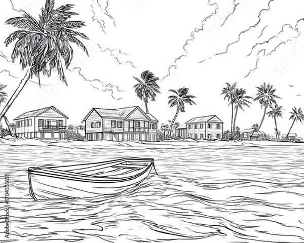Fototapeta A small boat being plunged off the beach during hurricane coloring page