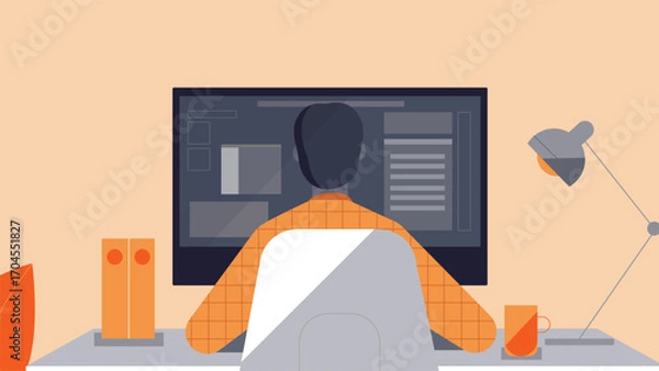 Fototapeta Person Working on Computer at Home Office Desk