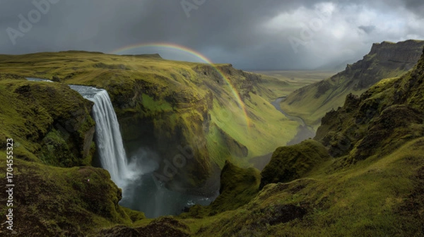 Fototapeta Icelandic waterfall crashing into mossy cliffs, rainbow in the mist, dramatic overcast sky, wide panoramic composition