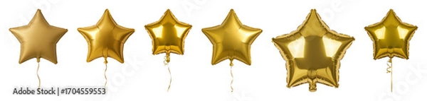 Fototapeta Gold star balloon set including matte, glossy, and reflective finishes with various strings isolated. Party and celebration decoration collection.