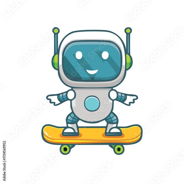Fototapeta A friendly robot confidently rides a skateboard, showcasing a blend of technology and playful action. The robot is designed with a charming expression