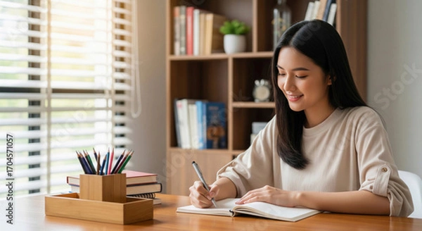 Fototapeta A smiling young Asian woman is writing in a notebook at her desk, surrounded by books and pencils. This image captures quiet productivity, studying, journaling, and creative work.

 