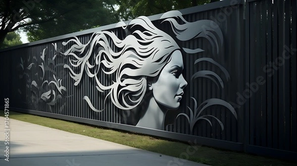 Fototapeta Sculpted serenity a fence adorned with a woman's flowing form in a modern landscape design