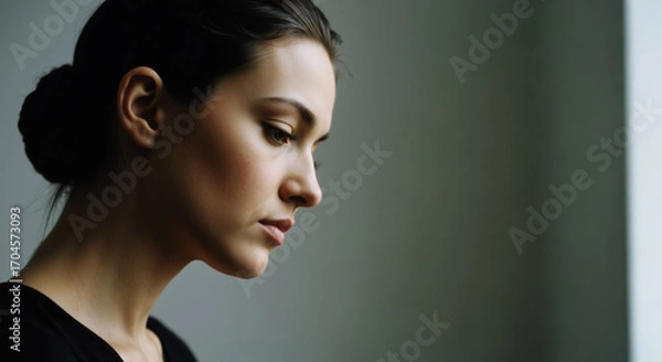 Fototapeta A contemplative woman, with hair pulled back and a soft expression, gazes downward, a quiet moment of introspection and peaceful solitude in a naturally lit room.