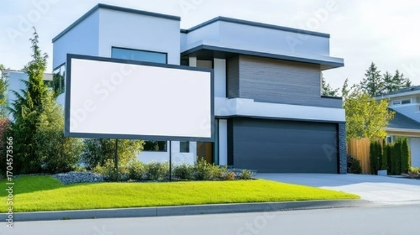 Fototapeta Modern House with Blank Billboard Sign