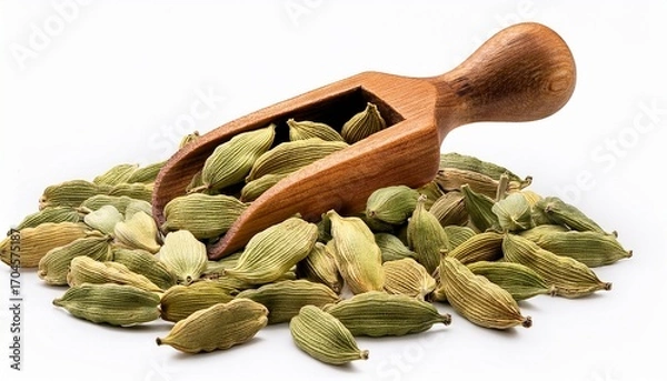 Fototapeta A Wooden Scoop Filled With Organic Cardamom Elettaria Cardamomum Placed On A Heap Of Whole Cardamom Isolated On A White Background