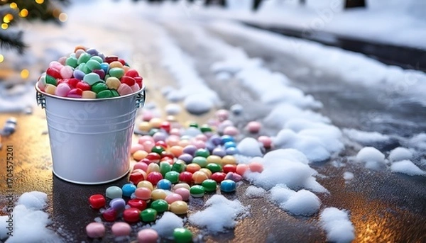 Fototapeta A White Bucket Filled With Small Colorful Candies On A Snowy Street Christmas Candies Created With Generative Ai