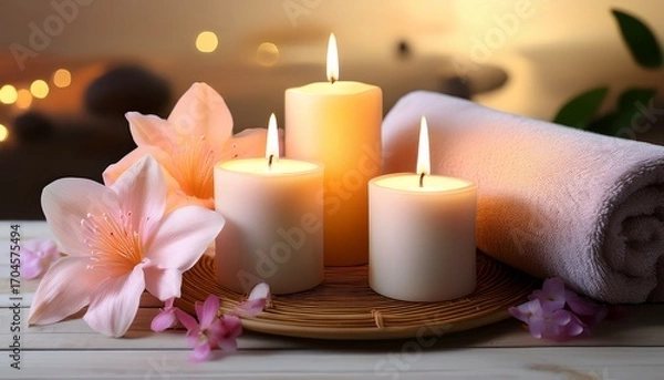 Fototapeta A Tranquil Spa Still Life With Three Glowing Candles And Delicate Flowers Creates A Romantic And Relaxing Celebration
