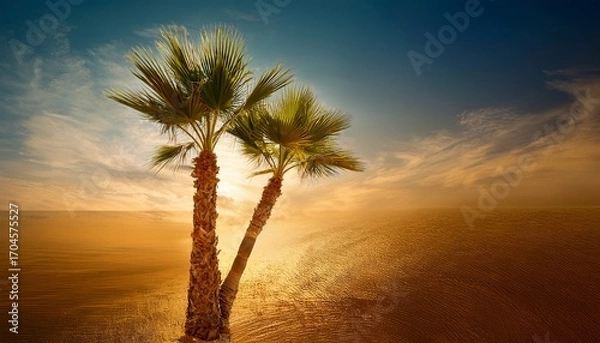 Fototapeta A Tall Palm Tree Stands Gracefully Against A Rich Golden And Textured Backdrop The Warm Light Enhances The Tranquility Of The Scene Suggesting A Serene Afternoon