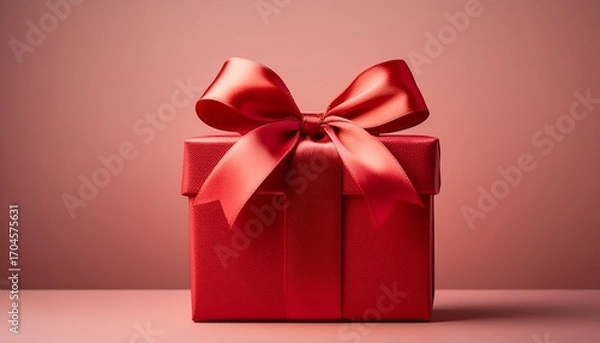 Fototapeta A Solitary Red Gift Box With A Bow Against A Softly Colored Background