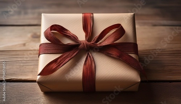 Fototapeta A Neatly Wrapped Gift Box With A Red And Brown Twine Bow Ready To Be Presented