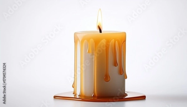 Fototapeta A Glowing Candle With A Tall Flame Melted Wax Drips Down Its Sides And Pools Below On White