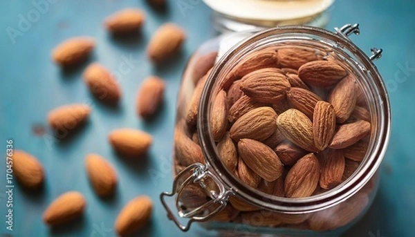 Fototapeta A Glass Jar Brimming With Healthy Almonds Ready For Snacking Or Culinary Creations Offers A Nutritious And Delicious Treat Perfect For Enhancing Recipes Or Enjoying As A Wholesome Snack