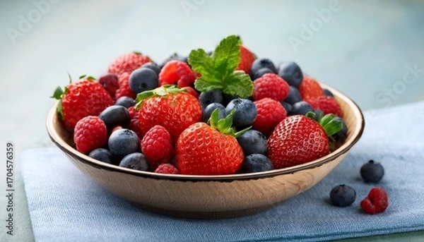 Fototapeta A Fresh Bowl Of Mixed Berries Including Strawberries Blueberries And Raspberries