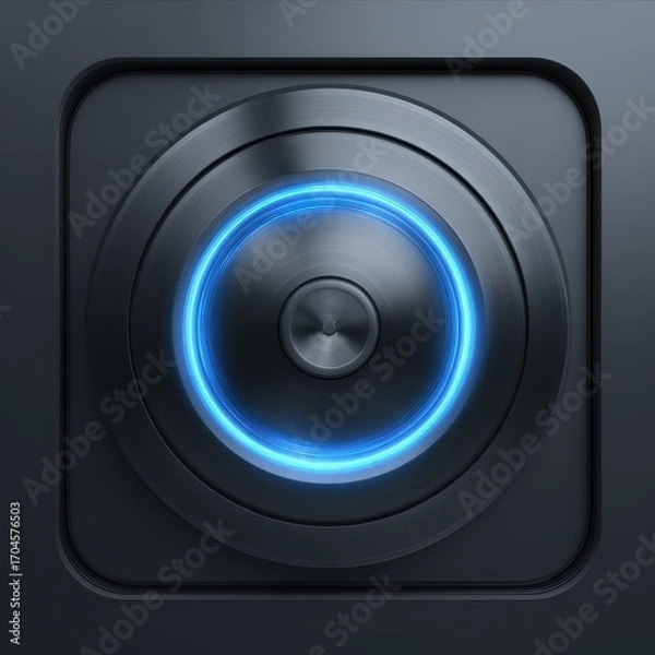 Fototapeta Luminous Blue Neon Ring on a Sleek, Futuristic Brushed Metal Control Dial.