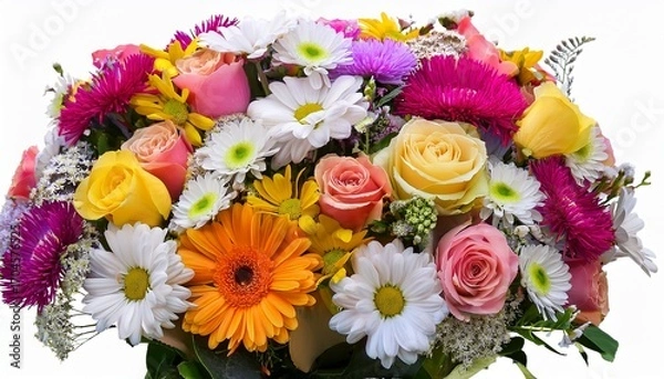 Fototapeta A Colorful And Vibrant Bouquet Of Mixed Flowers Including Daisies Roses And Asters Blooming Beautifully And Isolated On A Transparent Background