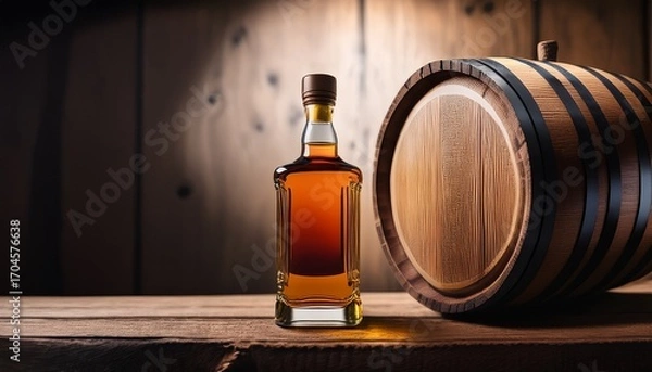 Fototapeta A Close Up Of A Whiskey Bottle With A Minimalistic Design Sitting Next To An Aged Oak Barrel Highlighting The Vintage Appeal