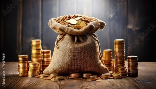 Fototapeta A Burlap Sack Filled With Coins Surrounded By Stacks Of Gold Coins On A Wooden Surface