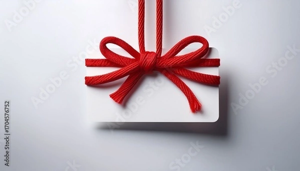 Fototapeta A Blank Gift Card Suspended By A Knotted Red Rope Against A Clean White Backdrop Ideal For Adding A Festive Touch To Your Holiday Decorations