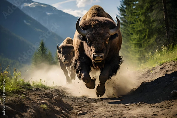Fototapeta Two Bison Running on Dusty Path, Mountain Background