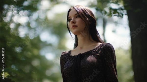 Fototapeta A contemplative young woman stands in a serene forest, surrounded by lush greenery, reflecting on her thoughts.