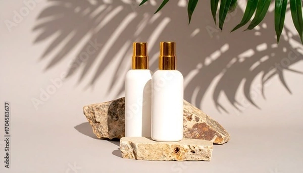 Fototapeta Two elegant spray bottles on a natural stone display