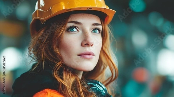 Fototapeta A focused female construction worker in a hard hat, showcasing determination and skill in a dynamic workplace environment.