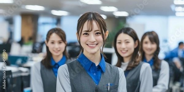 Fototapeta A group of confident professionals smiling in an office setting, showcasing teamwork and collaboration.