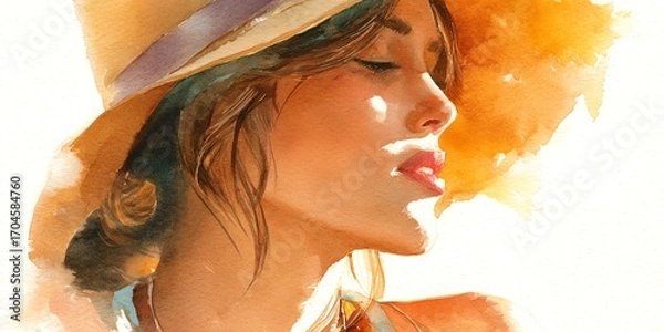 Fototapeta A serene portrait of a woman in a sun hat, embodying elegance and tranquility in soft watercolor style.