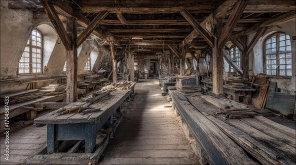 Fototapeta An abandoned, weathered workshop with aged wooden beams and tables.