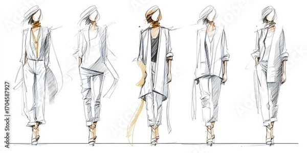 Fototapeta Fashion sketches showcase elegant designs for modern clothing with varying styles and details.