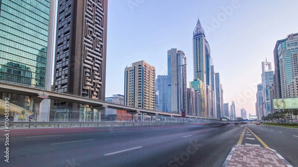 Fototapeta Skyscrapers at the Sheikh Zayed Road in Dubai timelapse hyperlapse